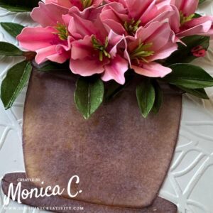 Up close to the flowers done with the Spellbinders Azalea and Garden Pot die set in pink with a brown pot