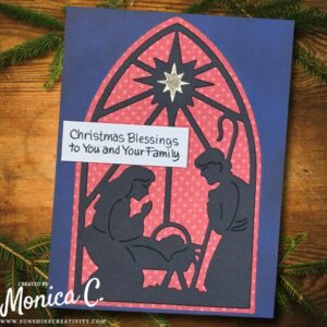 Spellbinders Season of Wonder nativity scene on patterned paper.