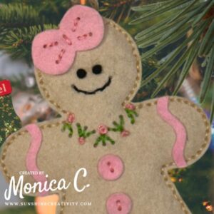 Close up of my Spellbinders Felt Stitch & Create Gingerbread girl ornament