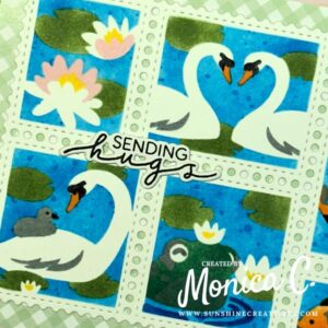 A close up of my first creation with the Waffle Flower Postage Collage Pond Stencil