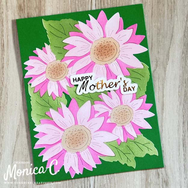 Sunflower Cluster die and stencil set to create a green and pink card
