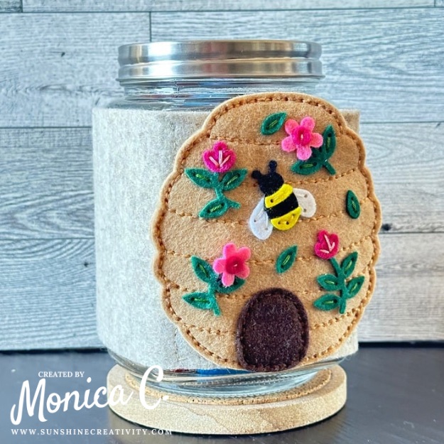 Felt & Stitch Beehive added to the front of a jar
