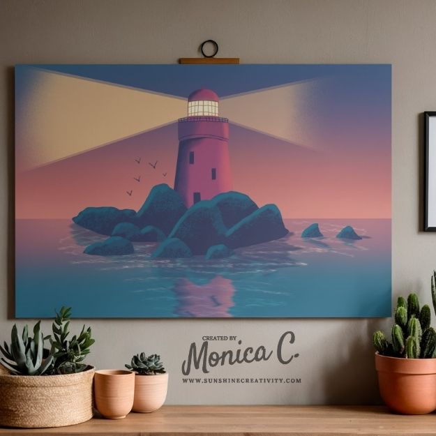 The mockup showing the Dreamy Lighthouse Digital art drawing on the wall